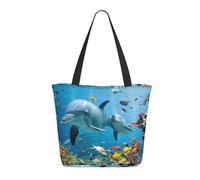Borsa a tracolla unisex con isola marina, cielo, nuvole, riutilizzabile, pieghevole, casual, elegante, per la spesa, per spiaggia, viaggi, lavoro, scuola, Sguardo delfino oceano, Taglia unica