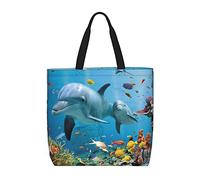 Borsa a tracolla unisex con motivo ananas e ananas, riutilizzabile, pieghevole, casual, elegante, per la spesa, per spiaggia, viaggi, lavoro, scuola, Sguardo delfino oceano, Taglia unica