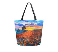 Borsa a tracolla unisex con pittura a olio al tramonto e papavero, riutilizzabile, pieghevole, casual, elegante, per la spesa, per spiaggia, viaggi, lavoro, scuola