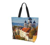 Borsa a tracolla unisex con vari tipi di cavalli, riutilizzabile, pieghevole, casual, elegante, per la spesa, per spiaggia, viaggi, lavoro, scuola, Tallinn Estonia Città, Taglia unica