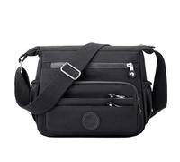 Borsa a tracolla unisex in nylon con tasche multiple frontali con cerniera | Una borsa organizer rettangolare nera con diverse cerniere frontali orizzontali, tasche laterali e una tracolla regolabile