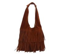 Borsa a tracolla unisex nera con frange lunghe intorno alla base, Marrone | Questa borsa a forma di hobo ha un corpo ampio, una tracolla aperta e una lunga frangia intorno alla base