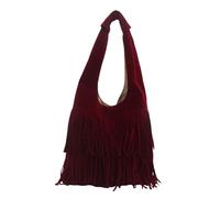 Borsa a tracolla unisex nera con frange lunghe intorno alla base, Rosso | Questa borsa a forma di hobo ha un corpo ampio, una tracolla aperta e una lunga frangia intorno alla base