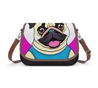 Borsa a tracolla viola Love da donna in pelle borse da viaggio borse a tracolla tote bag per uso quotidiano, Divertente cucciolo di cane carlino del fumetto, Taglia unica