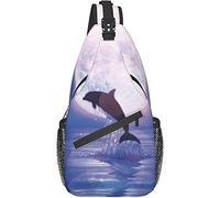 Borsa a tracolla, zaino a tracolla con stampa delfino che salta sotto la luce della luna per donne e uomini a spalla casual
