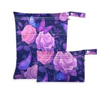 Borsa bagnata riutilizzabile per bambini, confezione da 2 elementi essenziali da viaggio per bambini, con manici per fare il bagno, lo yoga (fiori di rose viola)