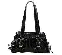Borsa Boston retrò in pelle PU, borsa classica nera alla moda da donna, borse a tracolla Y2K, borsa versatile sotto le ascelle, leggera, finitura lucida increspata, da indossare a spalla o da portare