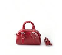 Borsa bowling da donna a tracolla crossbody minimalista, in PU patchwork bordeaux con perforazioni metalliche, lunga tracolla sulla spalla, stile preppy ispirato al punk Poliuretano