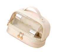 Borsa cosmetica a doppio strato borsa da viaggio per cosmetici da donna borsa da toilette impermeabile portatile essenziale da viaggio, Bianco Albicocca Latte, as described