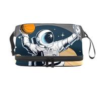 Borsa cosmetica a doppio strato con astronauta che gioca a basket nello spazio, per donne e ragazze, borsa da viaggio per trucchi, pratica borsa organizer con scomparto per pennelli, Multi, 27x15x14