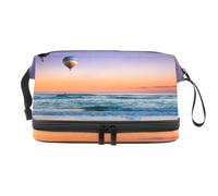 Borsa cosmetica a doppio strato con mongolfiera in estate spiaggia tramonto per donne e ragazze, borsa da viaggio per trucchi pratica borsa organizer con scomparto per pennelli, Multi, 27x15x14