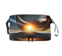 Borsa cosmetica a doppio strato con motivo "eclissi solare" su nuvola, per donne e ragazze, borsa da viaggio per trucchi, pratica borsa organizer con scomparto per pennelli, Multi, 27x15x14