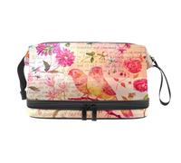 Borsa cosmetica a doppio strato per donne e ragazze, motivo acquerello, farfalla, fiore su vecchi testi, per donne e ragazze, borsa da viaggio per trucchi pratica borsa organizer con scomparto per