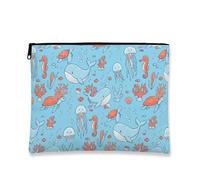 Borsa cosmetica a forma di balena, astuccio per trucchi da donna, in tela portatile, con cerniera, per l'estate, la spiaggia, i viaggi, Blu, 7x9 Inch, Balena