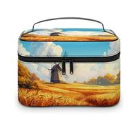 Borsa cosmetica a forma di mulino a vento autunnale per donna, da viaggio, per il trucco, per la cura della pelle, per uomo, in morbida pelle impermeabile, con scomparti per la maniglia.
