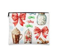 Borsa cosmetica a tema natalizio, fiocco festivo e dolcetti invernali per il trucco da donna, piccola borsa portatile in tela con cerniera, borsa da toilette per le vacanze, bianco, 7x9 Inch