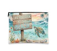 Borsa cosmetica a tema spiaggia, tartaruga ad acquerello e cartello, borsa da viaggio per donne, organizer portatile in tela con cerniera, borsa da toilette per vacanze estive, Blu, 7x9 Inch, spiaggia