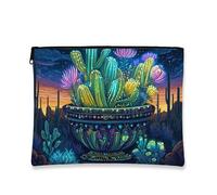 Borsa cosmetica con cactus bohémien, borsa da viaggio floreale colorata per donne, organizer portatile in tela con cerniera, custodia estiva per la cura della pelle, Multicolore, 7x9 Inch, Cactus