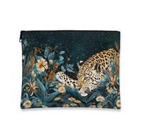 Borsa cosmetica con leopardo botanico, astuccio vintage floreale per trucco da donna, organizer portatile in tela con cerniera, borsa da viaggio per uso quotidiano, Navy, 7x9 Inch, Leopardo