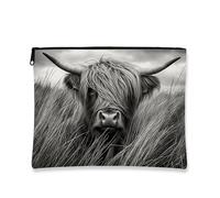 Borsa cosmetica con mucca pelosa, borsa da viaggio per trucco vintage Highland Bull da donna, piccola borsa portatile in tela con cerniera, regalo per festival per la cura della pelle, Bianco e nero