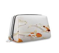 Borsa cosmetica con stampa animale, borsa per cosmetici, tema tradizionale di amore con pesci, organizer in pelle, borsa da trucco riutilizzabile, arancione beige, S, Arancione Beige_6, Taglia unica,
