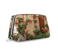 Borsa cosmetica con stampa toscana, borsa per cosmetici, casa toscana mediterranea con fiori colorati, organizer in pelle, borsa da trucco riutilizzabile, multicolore, M, multicolore_5, Taglia unica,