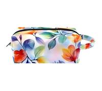 Borsa cosmetica da donna con fiori gialli e rossi colorati con foglie botaniche, borsa da toeletta da viaggio portatile, astuccio per trucchi in pelle per bambini, Multicolore 10., 8.2x3.1x3.5