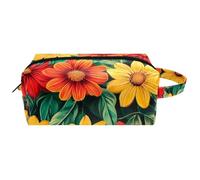 Borsa cosmetica da donna con fiori gialli e rossi colorati con foglie botaniche, borsa da toeletta da viaggio portatile, astuccio per trucchi in pelle per bambini, Multicolore 01, 8.2x3.1x3.5