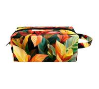 Borsa cosmetica da donna con fiori gialli e rossi colorati con foglie botaniche, borsa da toeletta da viaggio portatile, astuccio per trucchi in pelle per bambini, Multicolore 06, 8.2x3.1x3.5