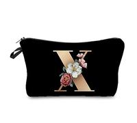 Borsa cosmetica da donna con stampa di lettere A-Z, 26 stampe, trousse per trucchi portatile da viaggio organizer per accessori da toeletta con sfondo nero e lettere dorate stampate dalla A alla Z