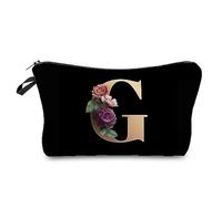 Borsa cosmetica da donna con stampa di lettere A-Z, 26 stampe, trousse per trucchi portatile da viaggio organizer per accessori da toeletta con sfondo nero e lettere dorate stampate dalla A alla Z