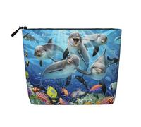 Borsa cosmetica da donna dell'antico Egitto, organizer da viaggio portatile, borsa da toilette con chiusura a zip, Delfino nella barriera corallina, Taglia unica