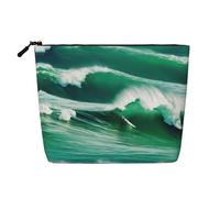 Borsa cosmetica da donna, in finto lino, con stampa Ocean Green Wave Surf 02, grande capacità, perfetta per i viaggi e l'uso quotidiano, Nero , Taglia unica