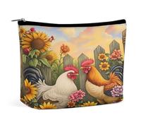 Borsa cosmetica da donna in pelle PU con galli e girasoli, portatile, ideale per i viaggi, con cerniera. Un'idea regalo perfetta per ragazze, donne e mamme.