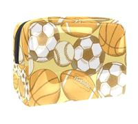 Borsa cosmetica da donna, motivo: calcio, football americano, baseball e basket, borsa da viaggio grande in PVC per trucchi, pratica borsa organizer con cerniera, Multi, 18.5x7.5x13cm/7.3x3x5.1in,