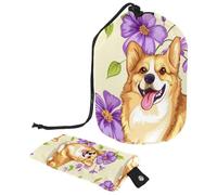 Borsa cosmetica da viaggio a secchiello per il trucco, di grande capacità, morbida, impermeabile, portatile, con coulisse, con fiori viola intorno ai cani Corgi, 2 pezzi, Fiori viola intorno ai cani