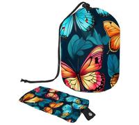 Borsa cosmetica da viaggio con coulisse, borsa per trucco a botte, grande organizer per articoli da toeletta con farfalla laser, Farfalla Laser, 9.9x6.9in/25.2x17.6cm;6x3.5in/15.2x8.8cm, Design