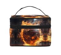 Borsa cosmetica da viaggio da donna con pallacanestro sul fuoco e fiamma d'acqua, (22,9 x 16,5 x 15,7 cm), borsa cosmetica portatile di grande capacità, grande borsa cosmetica per ragazze, nero