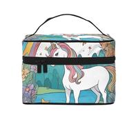 Borsa cosmetica da viaggio da donna con unicorni vicino al fiume, (22,9 x 16,5 x 15,7 cm), borsa cosmetica portatile di grande capacità, grande borsa cosmetica per ragazze, nero, Taglia unica