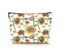 Borsa cosmetica da viaggio in lino da donna, borsa cosmetica premium, simpatico girasole giallo su bianco, custodia cosmetica resistente