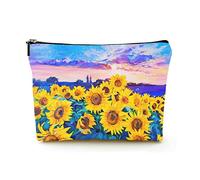 Borsa cosmetica da viaggio in lino da donna Borsa da trucco premium, campo di girasoli sotto un cielo da sogno, custodia cosmetica resistente