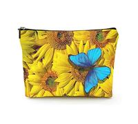 Borsa cosmetica da viaggio in lino da donna Borsa da trucco premium, farfalla morfo tropicale blu brillante su fiori di girasole colorati, custodia cosmetica durevole