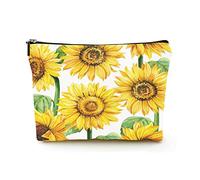 Borsa cosmetica da viaggio in lino da donna, borsa per trucco premium, tema girasole disegnato a mano, custodia cosmetica durevole