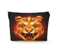 Borsa cosmetica da viaggio in lino da donna, borsa per trucco premium, testa di tigre in lingue di fuoco, custodia cosmetica resistente