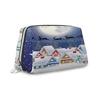 Borsa cosmetica da viaggio in pelle a tema natalizio, grande capacità, con luna e Babbo Natale nel villaggio invernale, borsa multifunzionale per trucchi da donna, colore bianco navy, S, Navy White_5,