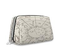 Borsa cosmetica da viaggio in pelle a tema sole e luna, grande capacità, immagine papiro zodiaco con sole e luna, borsa multifunzionale per il trucco da donna, marrone giallo, M, Giallo marrone_6,