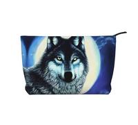 Borsa cosmetica del velluto a coste di grande capacità del modello di lupo sotto la luna, borsa impermeabile alla moda di stoccaggio, Nero , Taglia unica