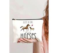 Borsa cosmetica femminile con il design "Solo una ragazza che ama i cavalli", borsetta portaoggetti a tema cavalli, organizer da viaggio multifunzione con chiusura lampo, borsa spaziosa per cosmetici,