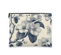 Borsa cosmetica floreale blu navy, borsa da viaggio vintage botanica per donne, piccola borsa portatile in tela con cerniera, borsa da toilette primaverile per la cura della pelle, Navy, 7x9 Inch