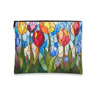 Borsa cosmetica floreale, borsa da viaggio con design a tulipani in vetro colorato per donne, organizer portatile in tela con cerniera, borsa da toilette primaverile per la cura della pelle